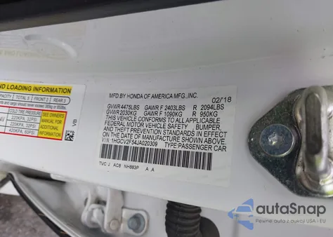 2018 Honda Accord Exl из США, поврежденный, VIN 1HGCV2F54JA020309